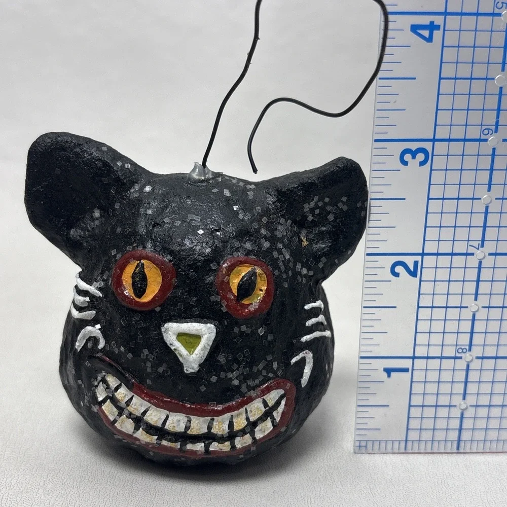 Dept 56 Halloween Paper Mache Black Cat Smiling Head Sparkle Vintage